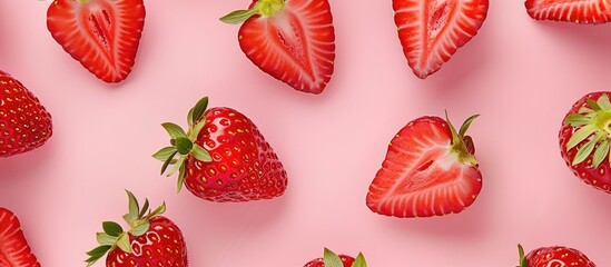 Wall Mural - A seamless pattern featuring a fresh strawberry half on a pink backdrop with copy space image