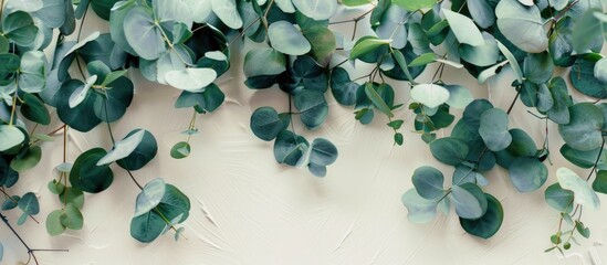 Wall Mural - paper background covered with eucalyptus leaves creating a serene copy space image