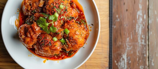 Canvas Print - Chicken rendang displayed on a white plate against a wooden white backdrop shot from above with ample copy space features a selective focus and a blurred background