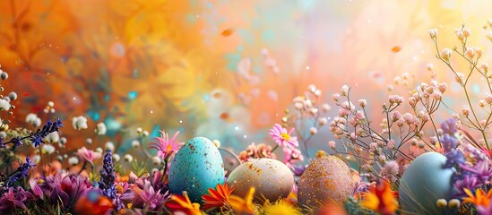 Canvas Print - Colorful Easter eggs and spring flowers displayed against a vibrant background available with copy space image