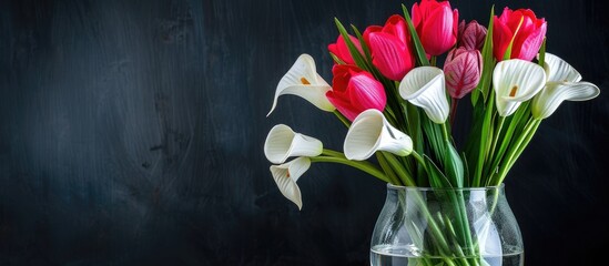 Canvas Print - Glass vase holding artificial pink tulips and white calla lilies with copy space image