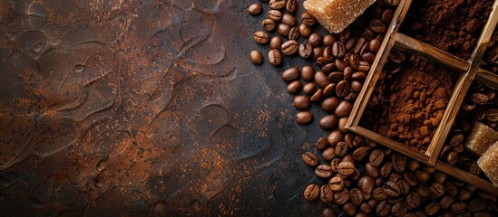 Wall Mural - Top down view of a wooden box filled with roasted beans coffee grounds and brown sugar ideal for adding your text alongside the copy space image