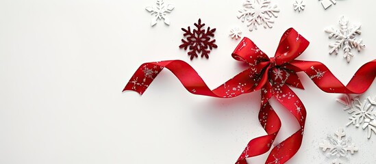 A festive red ribbon adorned with snowflakes set against a white backdrop for Christmas St Valentine s Day and gift themes featuring a copy space image