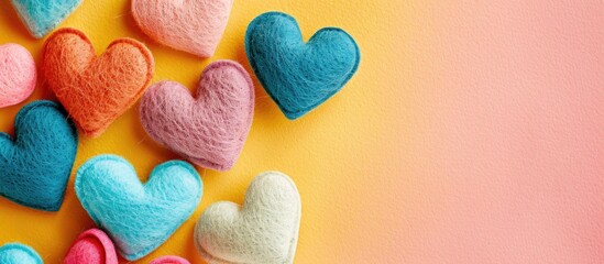 Wall Mural - top view of heart shaped felt decorations on a colorful backdrop creating a charming copy space imag