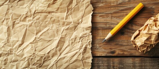 Wall Mural - brown crumpled paper sheet and pencil on a wooden table featuring copy space image