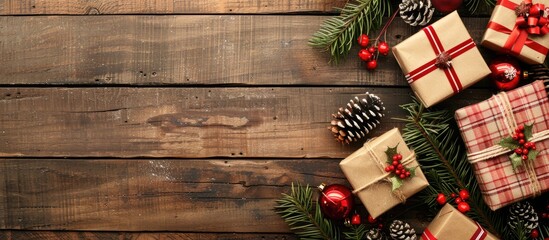 Poster - Festively decorated Christmas presents displayed on a wooden background with copy space image