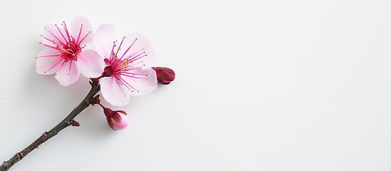 Poster - A solitary pink plum flower in spring set against a white backdrop with space for text. Copy space image. Place for adding text and design