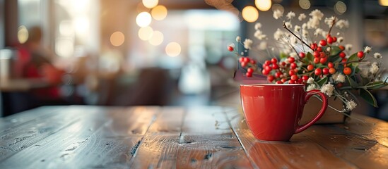 Blurred background highlights coffee cup on cafe table creating a lovely copy space image