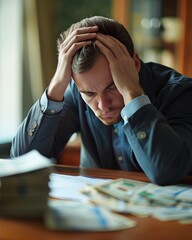 businessman serious face  at desk , bankrupt concept