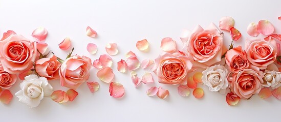 Poster - White background adorned with delicate rose flowers and petals perfect for copy space image