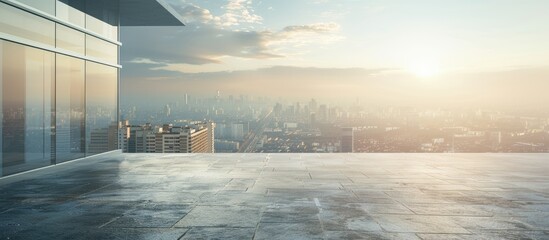 Poster - A desolate road featuring a contemporary office building against a vast cityscape with ample space for text or graphics a perfect copy space image