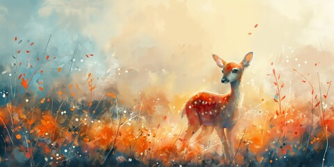 fawn alone in grass field with soft light, grungy texture painting style illustration, dreamy wildlife in nature landscape 