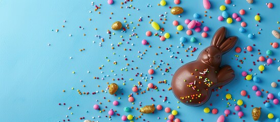 Poster - A festive Easter composition with a chocolate bunny and colored sugar sprinkles on a blue background shown from above in a copy space image