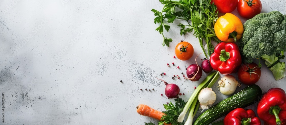 Top view of a fresh assortment of organic vegetables for vegan and ...