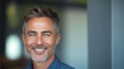 Canvas Print - Smiling MiddleAged Man with SaltandPepper Hair, Natural Light Portrait for Print Design and Posters