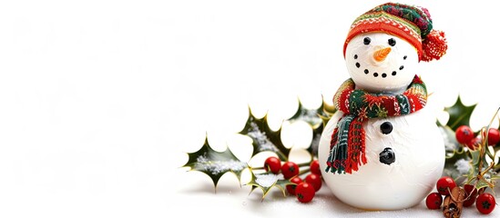 Canvas Print - A small snowman wearing a vibrant scarf and adorned with Christmas holly set against a white background for a copy space image