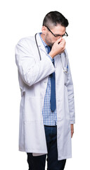 Poster - Handsome young doctor man over isolated background tired rubbing nose and eyes feeling fatigue and headache. Stress and frustration concept.