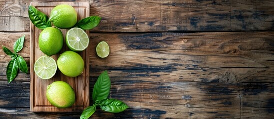 Sticker - Wooden cutting board with fresh lime green leaf and copy space image against wooden background