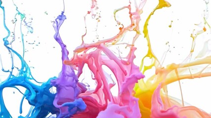 Fototapete - Abstract splashes of blue, purple, pink, and yellow paint on a white background.