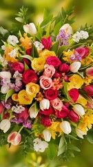 Wall Mural - Spring bouquet of bright multi colored flowers close up bouquet of roses tulips in green leaves