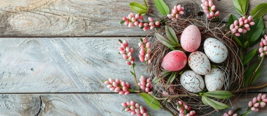 Canvas Print - Natural Easter egg nest background with decorative white and pink quail eggs green and pink plant on wooden backdrop with copy space image