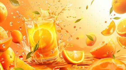 Juicy orange fruits and splashing juice around a glass, vibrant and refreshing illustration perfect for summer themes.