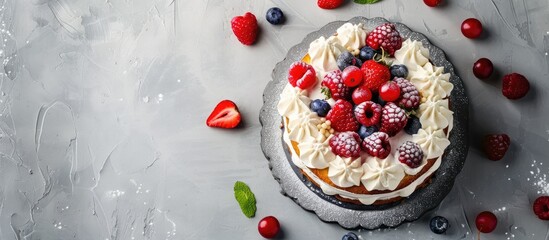 Wall Mural - Vanilla cake with berries and whipped cream on gray concrete backdrop perfect for summer Ideal for placing text or images on the side. Copy space image. Place for adding text and design