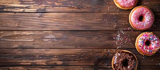 Canvas Print - A rustic wooden table showcases mouthwatering donuts in a captivating copy space image emphasizing a tempting food concept