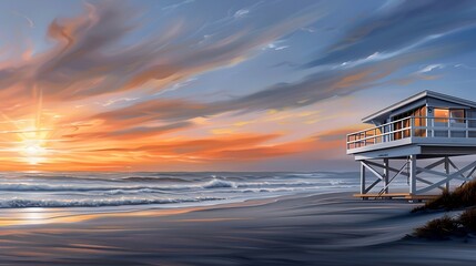 Wall Mural - Oil painting style, semi close-up of a lifeguard's tower at sunset, warm hues, more clarity with clear light and sharp focus, high detailed