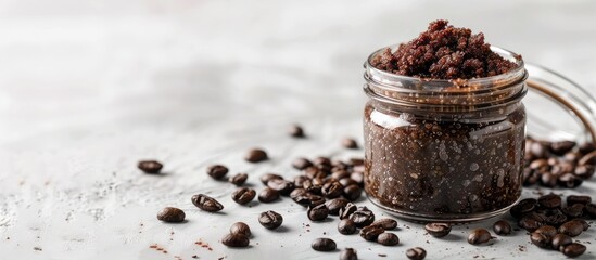 Sticker - Jar with body scrub and coffee beans on a light background with empty space for text or images copy space image