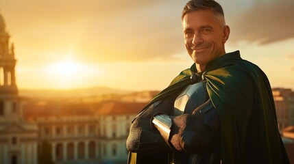 Confident Superhero at Sunset, Wearing Green Cape, Overlooking Cityscape for Heroic Themes and Poster Designs