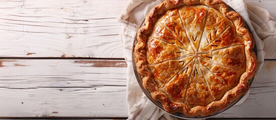 Canvas Print - Canadian Tourtiere displayed on a white wooden surface in a top down view with copy space image available