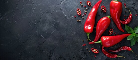 Poster - Red peppers arranged on dark surface with copy space image