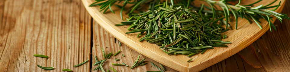 Wall Mural - Fresh Rosemary on Wooden Plate Aromatic Herb on Rustic Wood Background