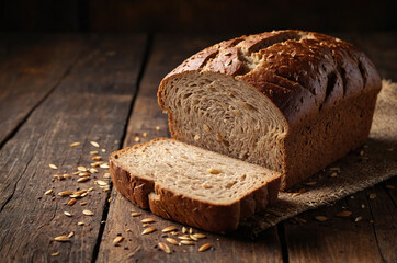 Loaf of freshly baked bread sitting on rustic wooden table