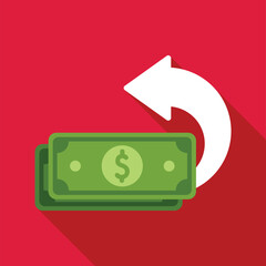 Poster - Cashback concept with money bills and a white arrow making a u turn on a red background