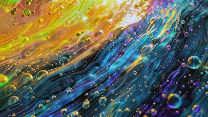 Wall Mural - Liquid Spectrum. Mesmerizing abstract image with fluid-like streaks of vibrant colors and floating bubbles, reminiscent of a microscopic world.