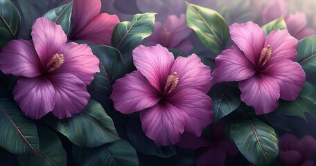 Wall Mural - Tropical Flowers in Full Bloom, Pink and Purple Hues