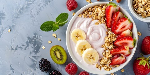 Wall Mural - Top view of a nutritious breakfast bowl with granola fruits and yogurt. Concept Breakfast Bowl, Healthy Eating, Granola, Fresh Fruits, Yogurt