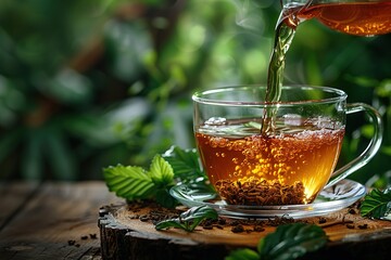 Wall Mural - Glass cup of tea on wooden table and blurred nature background