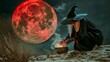 © AounMuhammad - Immortal Spell: Scary Old Witch Cooking in Ancient Utensil, Red Full Moon on Dune, Black Magic Casting