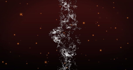 Poster - Image of digital wave of plexus networks spinning and glowing orange spots on red background