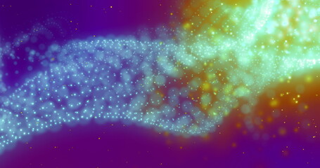 Wall Mural - Image of yellow glowing light spots and green digital wave against purple background