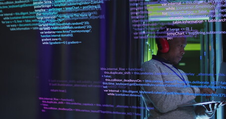 Wall Mural - Image of data processing over african american male engineer using laptop at server room