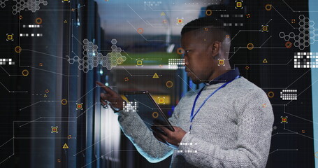 Poster - Image of data processing over african american male engineer using digital tablet at server room