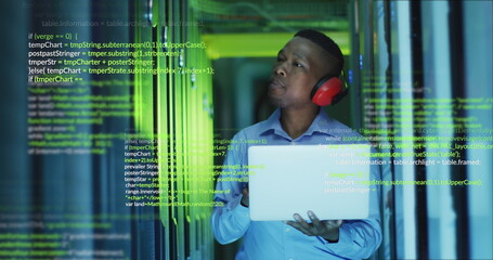 Wall Mural - Image of data processing over african american male engineer using laptop at server room