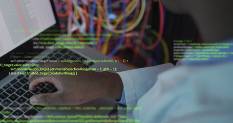 Wall Mural - Image of data processing over african american male engineer using laptop at server room