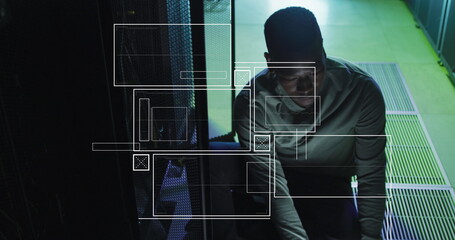Wall Mural - Image of screens with data processing over african american male engineer working at server room