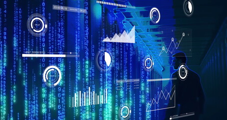 Poster - Image of binary coding data processing with caucasian male it technician by computer servers