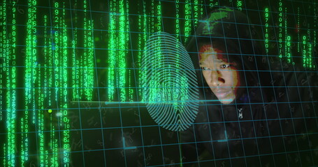 Canvas Print - Image of biometric fingerprint and binary coding over african american man using laptop